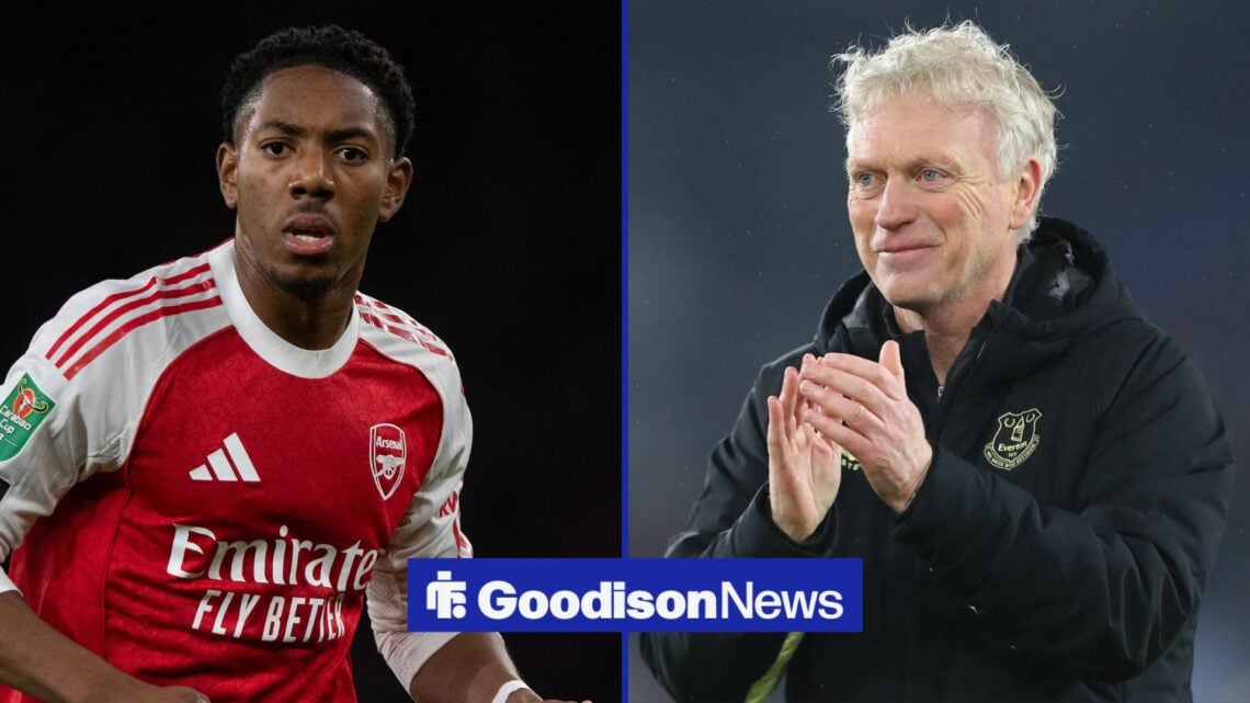Myles Lewis-Skelly is in action for Arsenal in the left half of a split image, as Everton manager David Moyes applauds on the right.