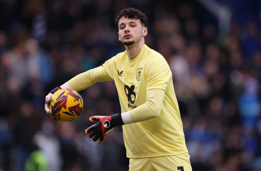James Trafford of Burnley F.C. reacts during the Sky Bet Championship match between Portsmouth FC and Burnley FC at Fratton Park on February 01, 2025 in Portsmouth, England.