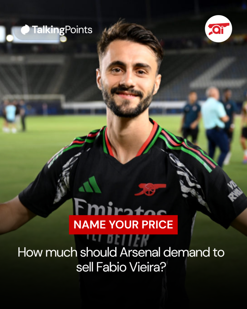 Image of Fabio Vieira after an Arsenal game, overlaid a question asking Arsenal fans how much they would sell him for