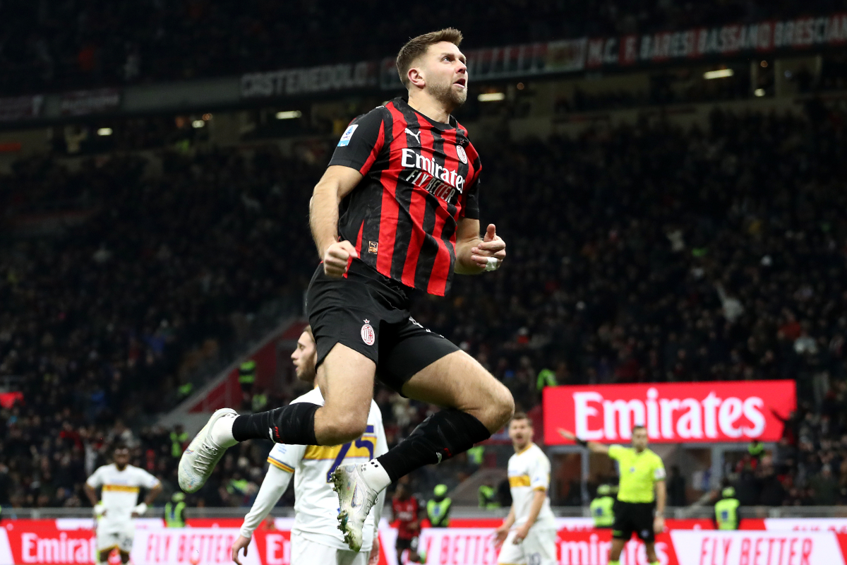 MILAN, ITALY - JANUARY 18: Niclas Fullkrug of AC Milan celebrates scoring his team's first goal during the Serie A match between AC Milan and US Lecce at Giuseppe Meazza Stadium on January 18, 2026 in Milan, Italy. (Photo by Marco Luzzani/Getty Images)