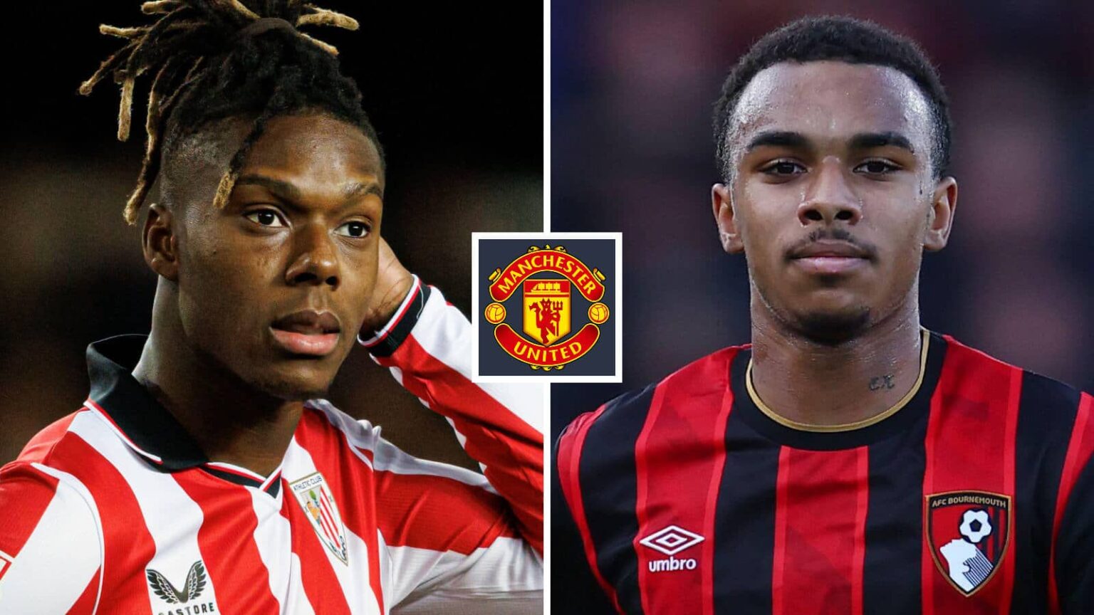 Nico Williams and Eli Junior Kroupi next to the Manchester United badge