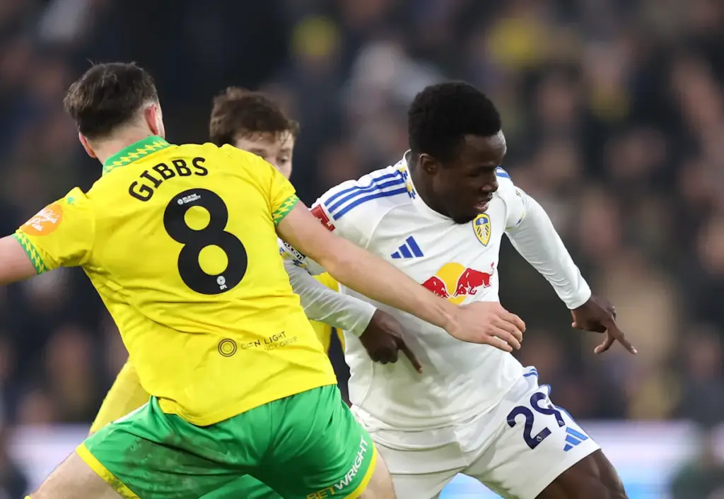 Leeds United winger Willy Gnonto tries to go past Norwich City's Liam Gibbs