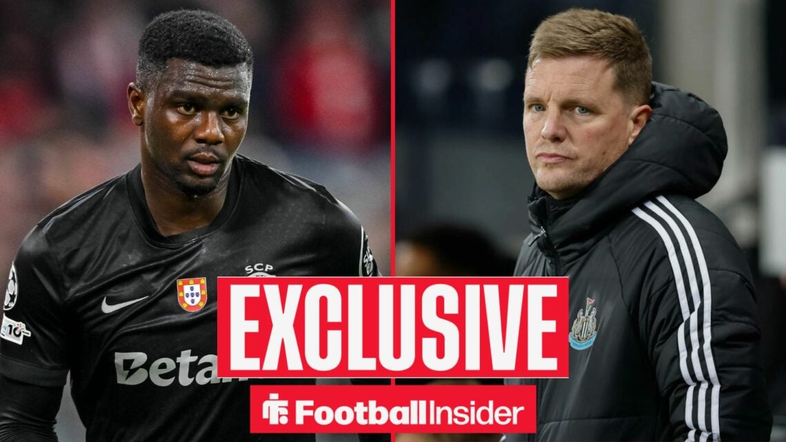 Football Insider exclusive as Ousmane Diomande is in action during a game for Sporting, while Newcastle manager Eddie Howe watches on the other sid...