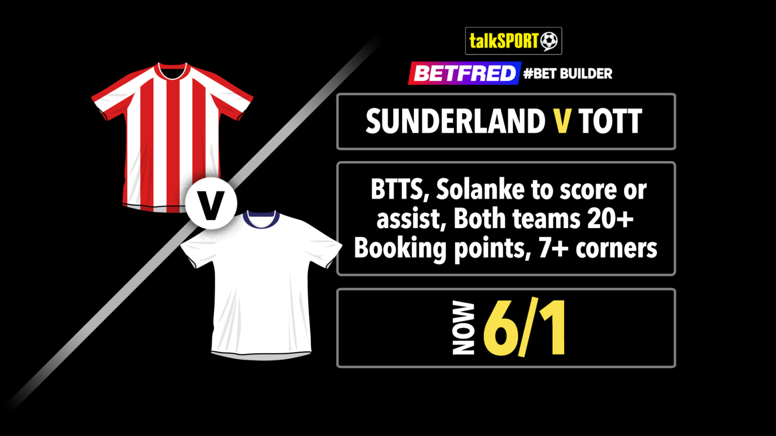 Sunderland vs Tottenham 6/1 bet builder: Solanke to score or assist, Both teams 20+ Booking points, 7+ corners on Betfred