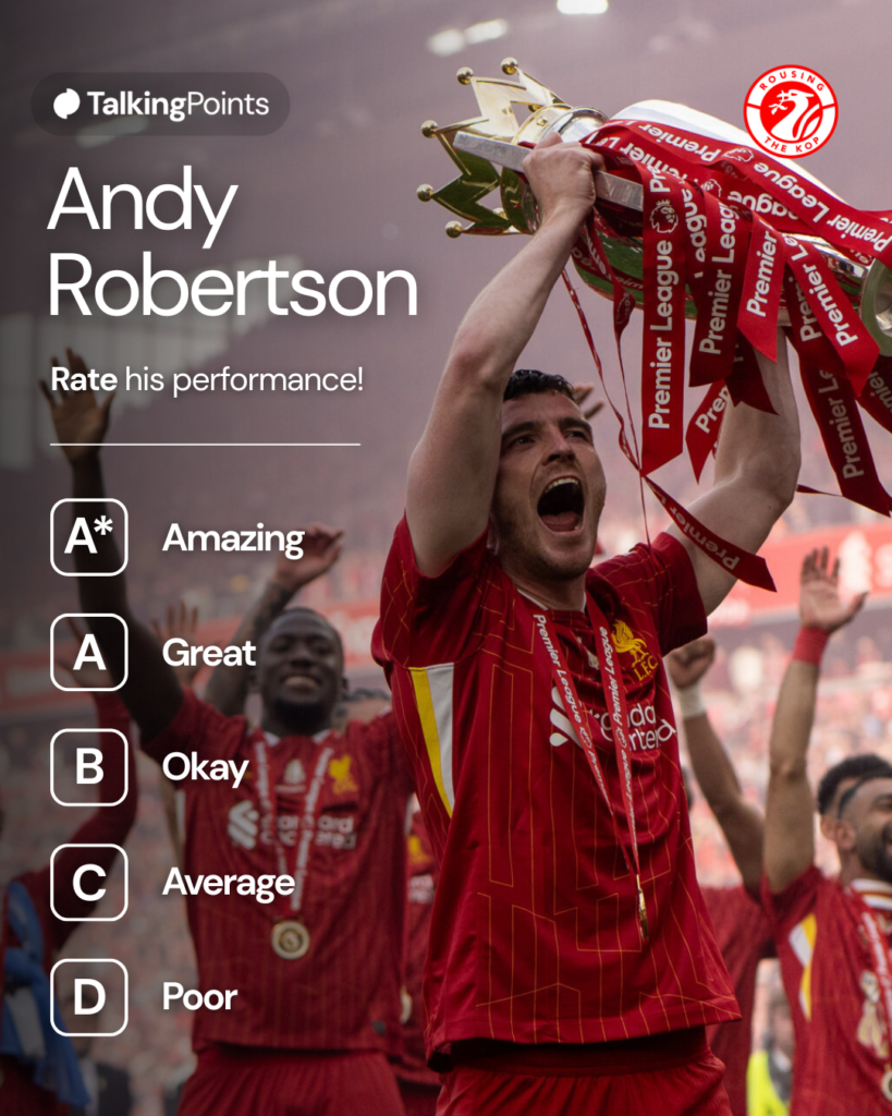 Liverpool's Andy Robertson lifts the Premier League trophy in front of the Kop at Anfield on the final day of the season (Credit: Getty Images/Sebastian Frej).