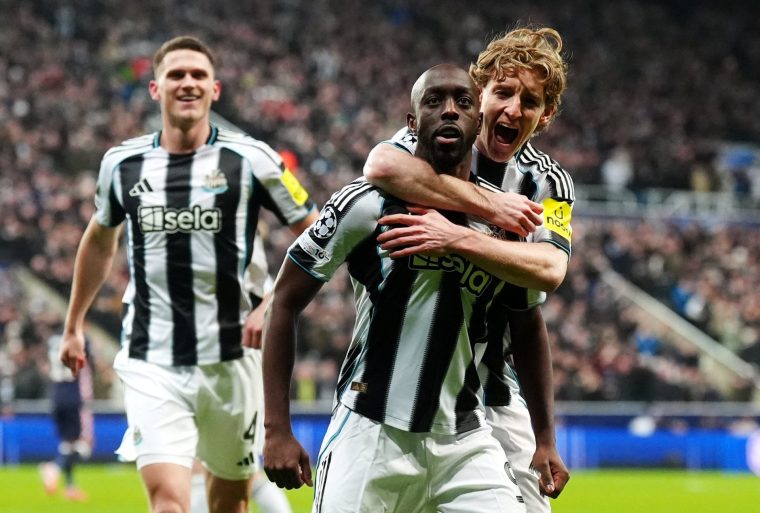 Newcastle United's Yoane Wissa celebrates scoring their side's first goal with Anthony Gordon (right) during the UEFA Champions League match at St James' Park, Newcastle upon Tyne. Picture date: Wednesday January 21, 2026. PA Photo. Photo credit should read: Owen Humphreys/PA Wire. RESTRICTIONS: Use subject to restrictions. Editorial use only, no commercial use without prior consent from rights holder.