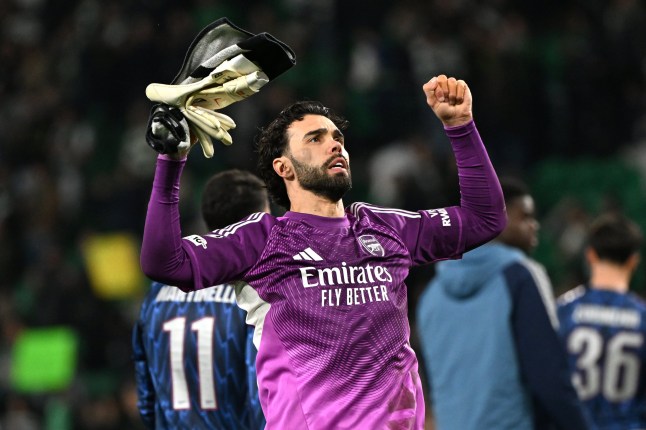 Arsenal goalkeeper David Raya celebrates following victory in the UEFA Champions League quarter final, first leg match at the Jose Alvalade Stadium, Lisbon. Picture date: Tuesday April 7, 2026. PA Photo. Photo credit should read: Zed Jameson/PA Wire. RESTRICTIONS: Use subject to restrictions. Editorial use only, no commercial use without prior consent from rights holder.
