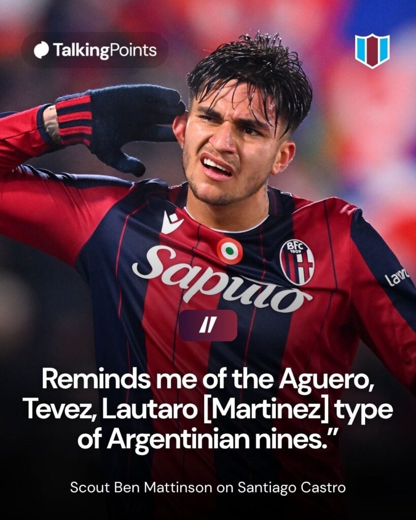 Santiago Castro of Bologna celebrates scoring his team's second goal during the Coppa Italia Round of 16 match between Bologna FC and Parma Calcio at Renato Dall'Ara Stadium on December 04, 2025 in Bologna, Italy.