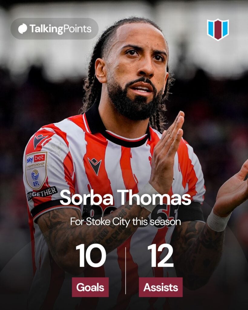 Sorba Thomas of Stoke City applauds the fans after the final whistle during the Sky Bet Championship match between Stoke City and Sheffield Wednesday at Bet365 Stadium in Stoke On Trent, United Kingdom, on April 3, 2026.