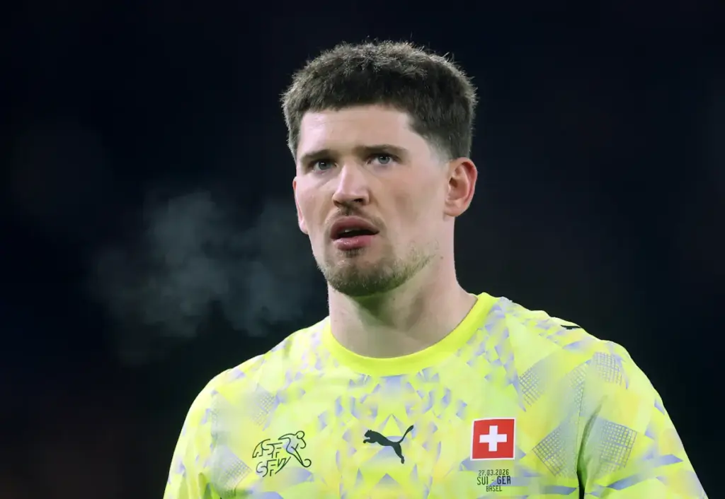 Gregor Kobel looks on while playing for Switzerland