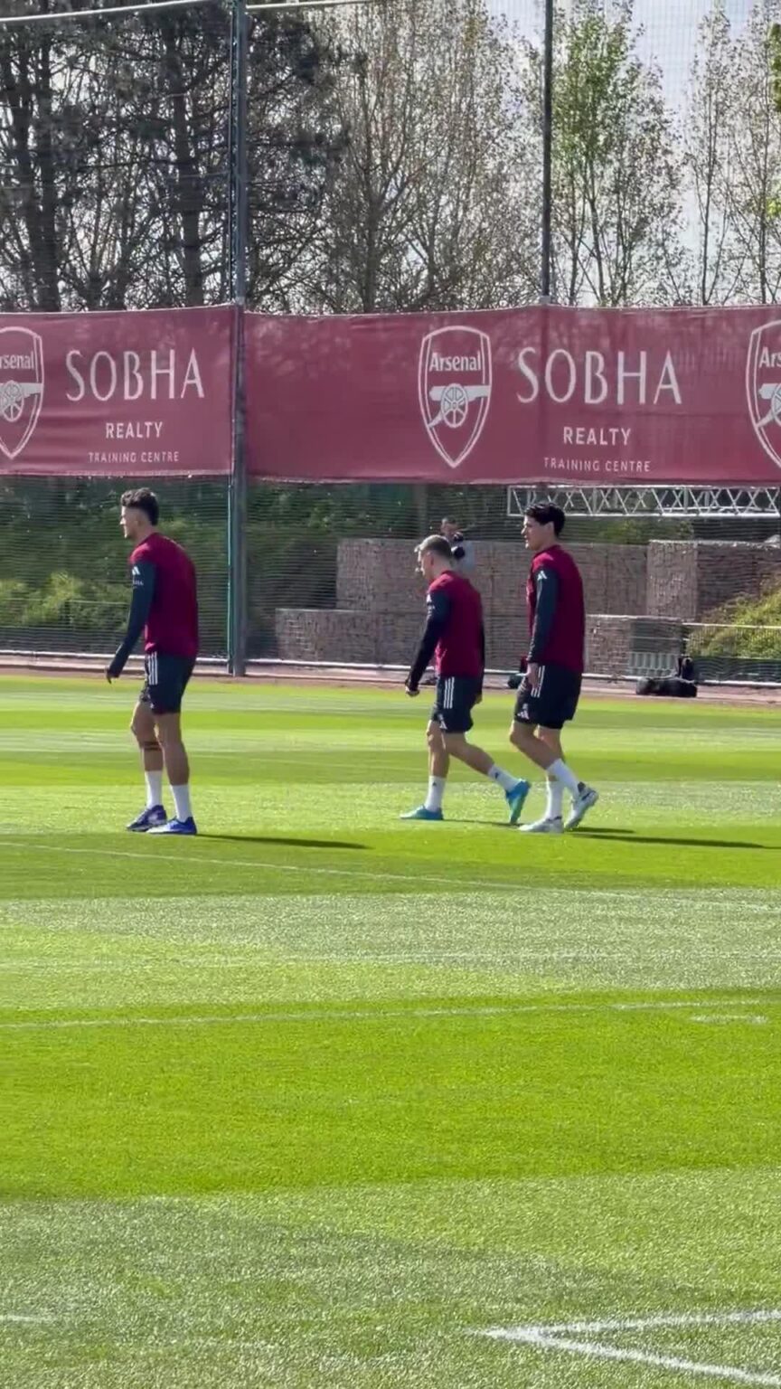 Arsenal trio Ben White, Leo Trossard and Christian Norgaard head out here at Colney