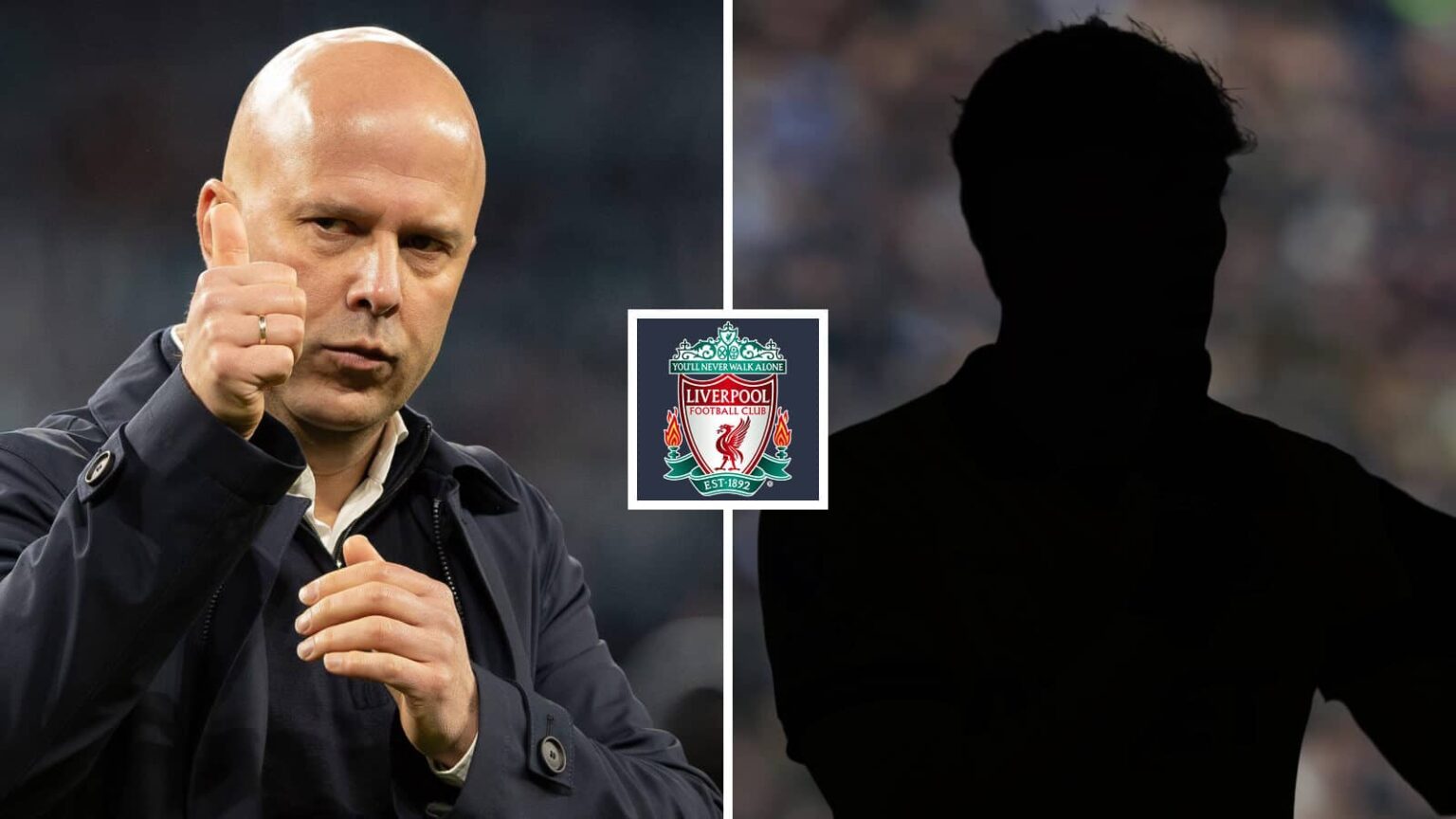 Split image of Liverpool manager Arne Slot and a shadow with the Liverpool badge in between - copyright TEAMtalk