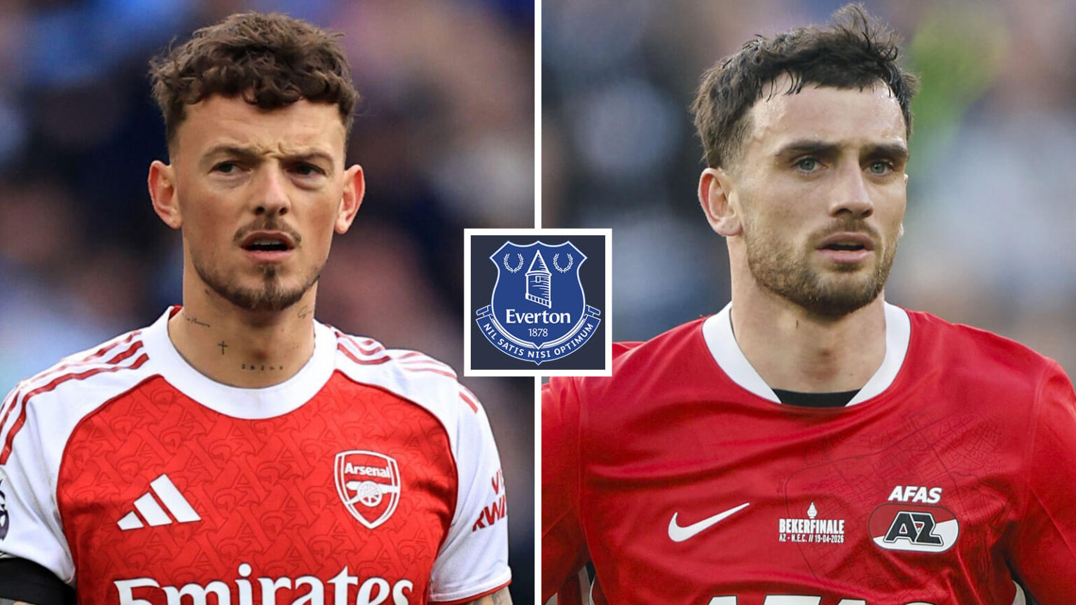 Ben White and Troy Parrott with an Everton badge