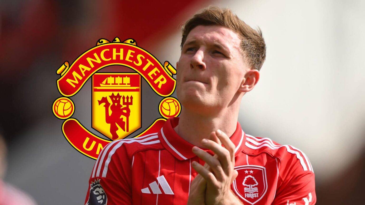 Manchester United badge and Nottingham Forest midfielder Elliot Anderson - copyright TEAMtalk