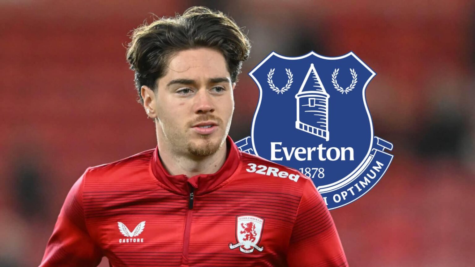 Middlesbrough star Hayden Hackney, with an Everton badge