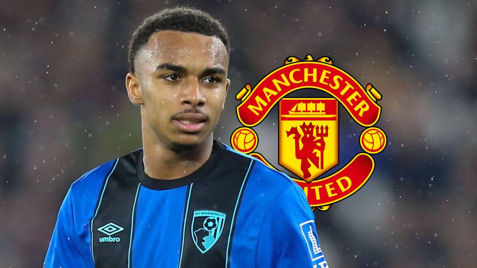 Bournemouth star Eli Junior Kroupi, with a Man Utd badge