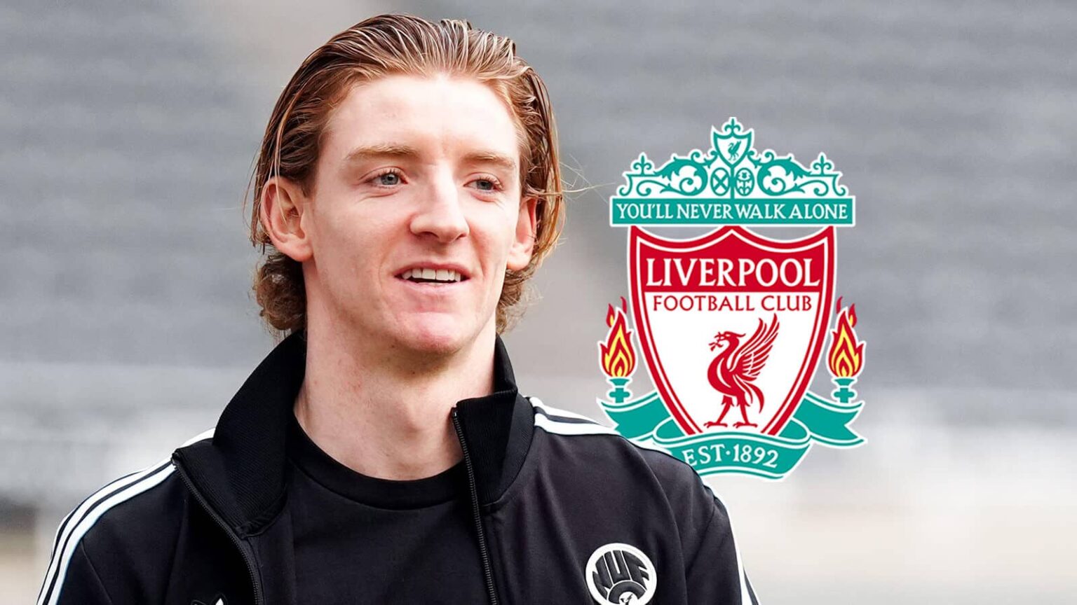 Newcastle star Anthony Gordon, with a Liverpool badge