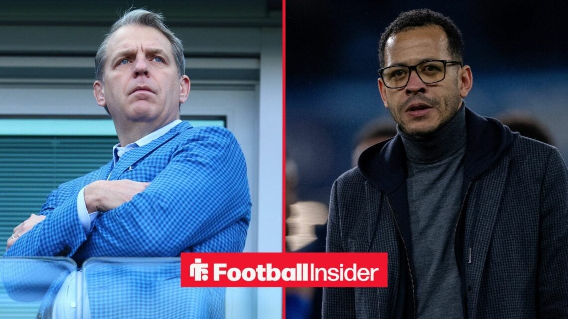 Todd Boehly with his arms folded alongside Liam Rosenior looking concerned