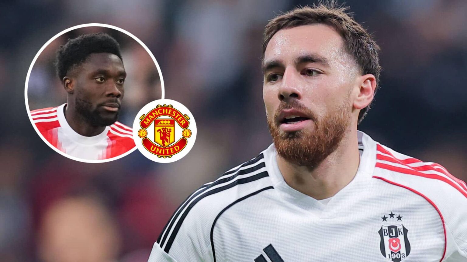 Bayern Munich star Alphonso Davies, Manchester United badge and Besiktas ace Orkun Kokcu – copyright TEAMtalk