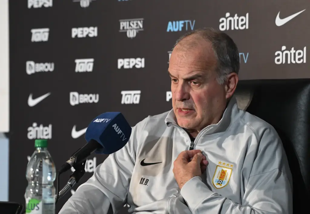 Uruguay boss Marcelo Bielsa speaks at a press conference