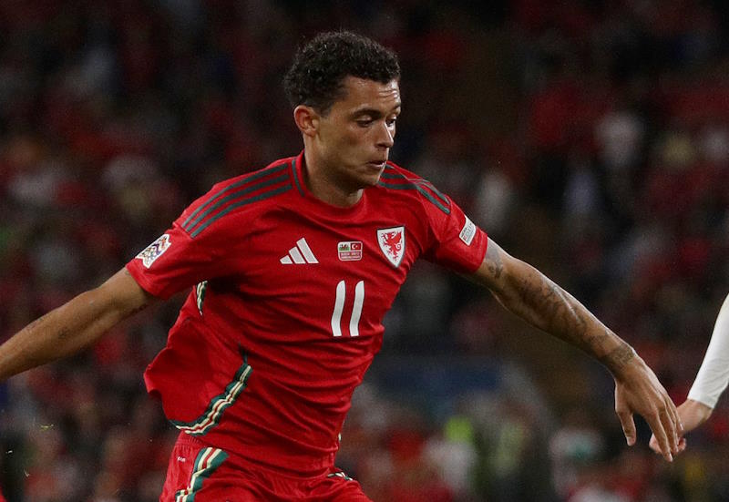 Brennan Johnson runs with the ball for Wales