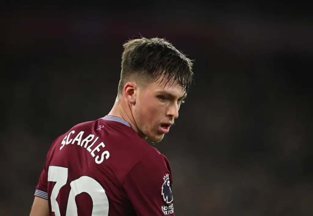 West Ham defender Ollie Scarles looks over his shoulder during a Premier League game