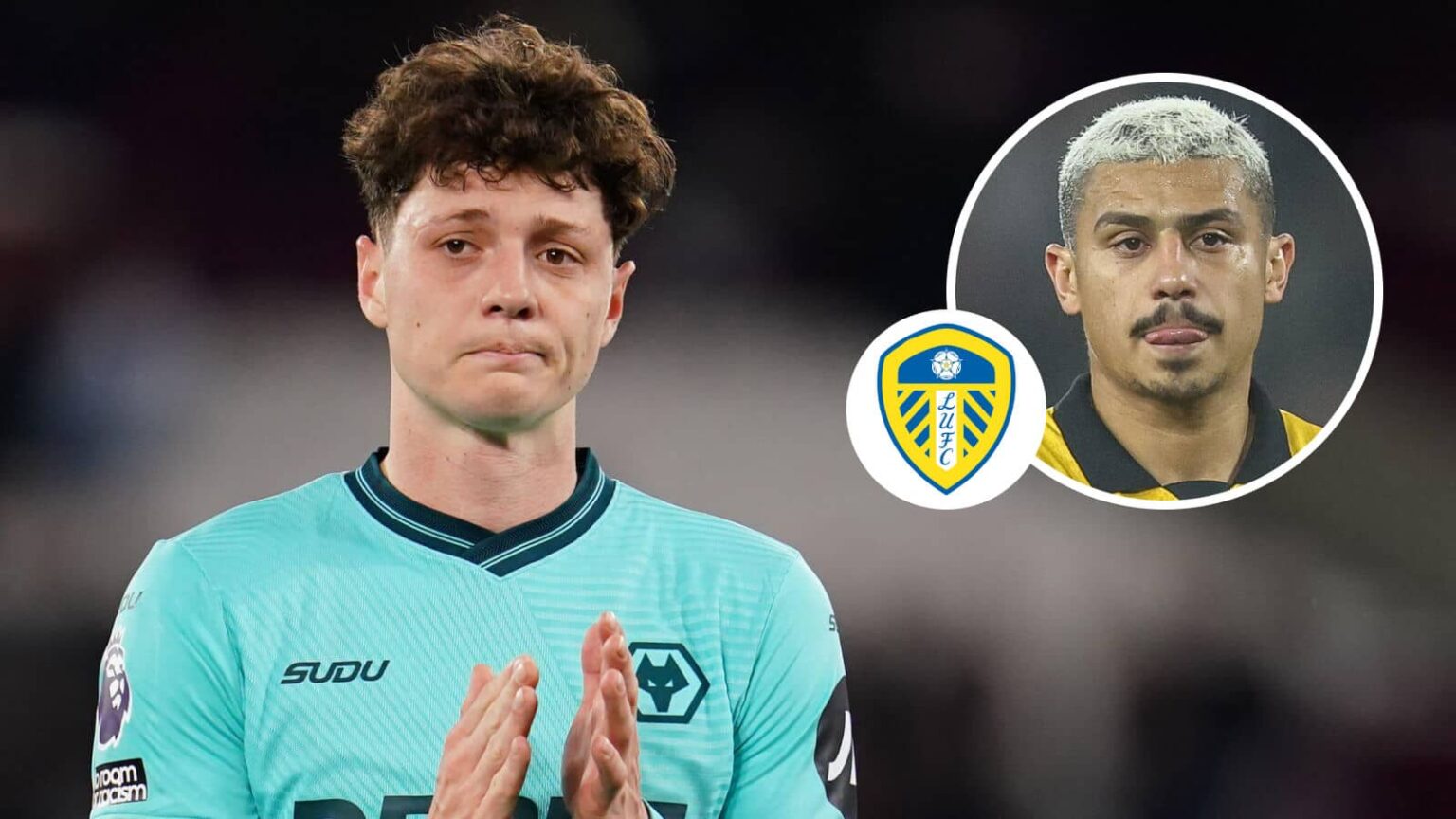 Wolves star Ladislav Krejci and, inset, his teammate Joao Gomes next to the Leeds United badge