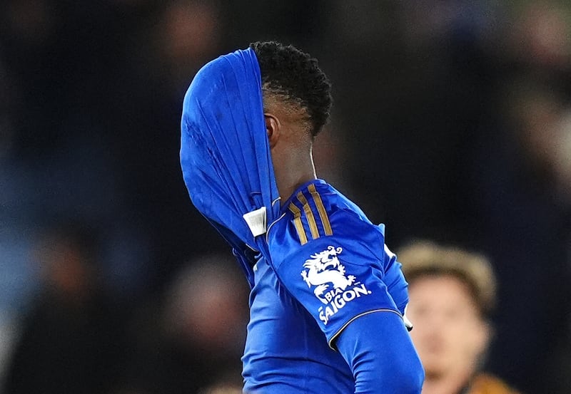 Leicester City's Patson Daka reacts after defeat. Photograph: Jacob King/PA