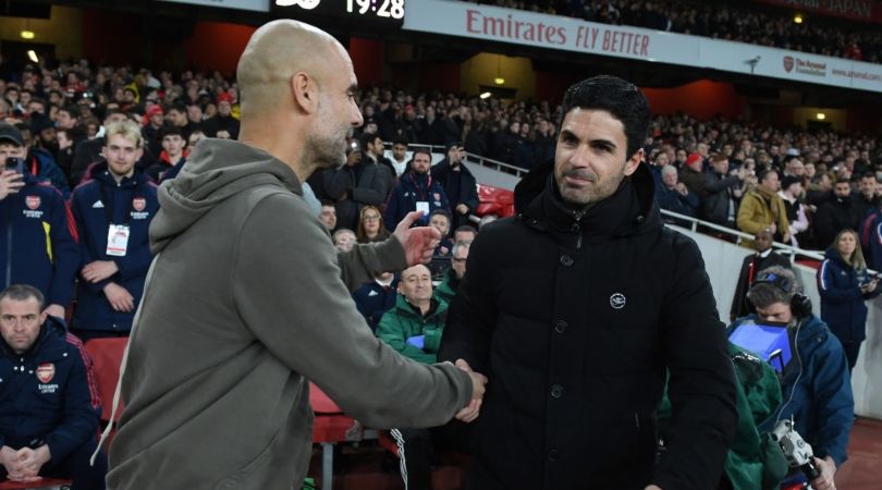 Pep Guardiola and Mikel Arteta shake hands at the Emirates Stadium.