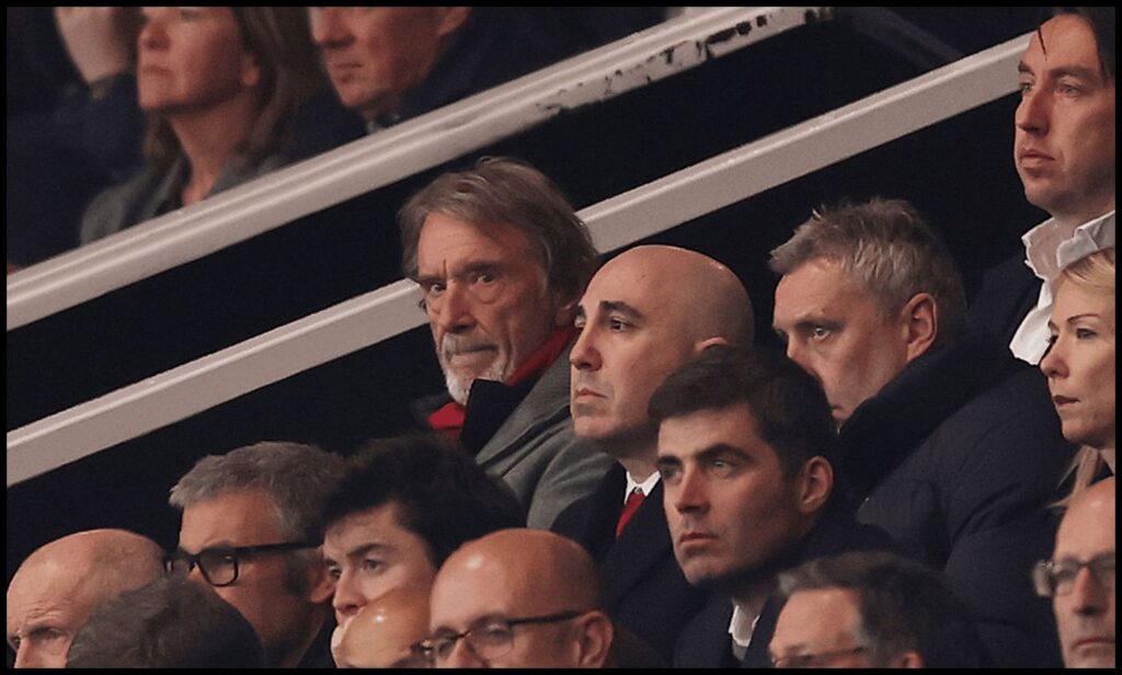 MANCHESTER, ENGLAND - APRIL 13: Sir Jim Ratcliffe, CEO of INEOS group and Omar Berrada, CEO of Manchester United, look on in the stands during the Premier League match between Manchester United and Leeds United at Old Trafford on April 13, 2026 in Manchester, England.