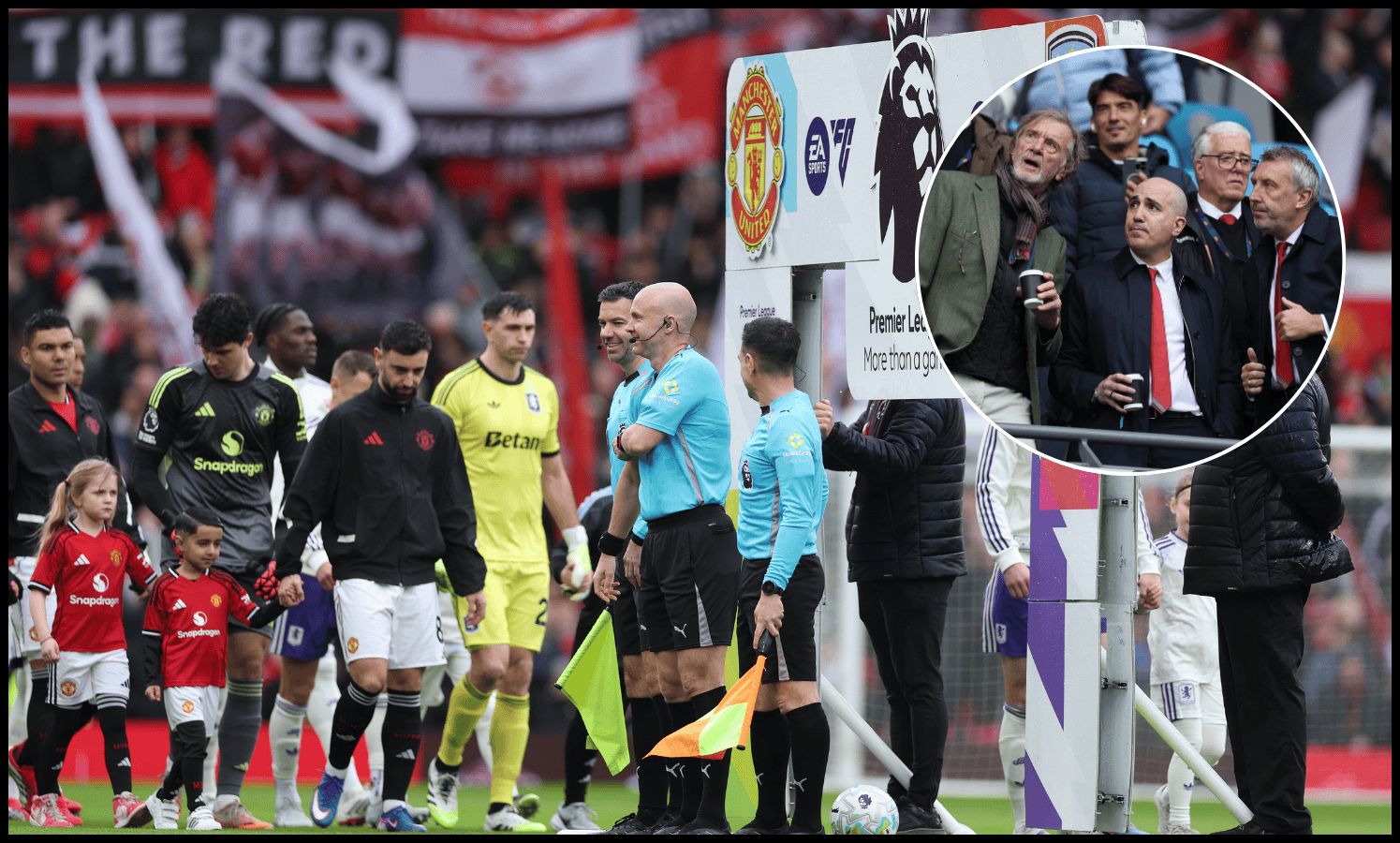 MANCHESTER, ENGLAND - MARCH 15: A general view of the Premier League 'More Than A Game' campaign's handshake board as players of Manchester United and Aston Villa line up prior to the Premier League match between Manchester United and Aston Villa at Old Trafford on March 15, 2026 in Manchester, England