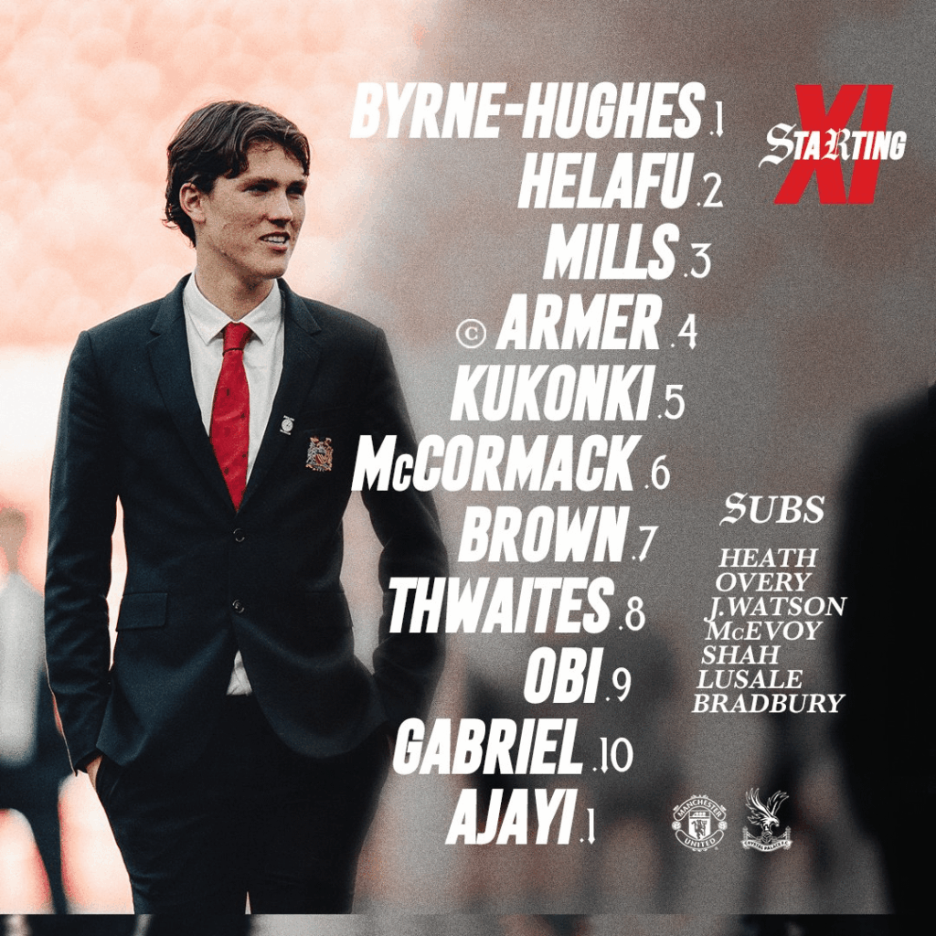 Manchester United U18s Starting XI vs Crystal Palace, FA Youth Cup Semi Final: Byrne-Hughes, Helafu, Mills, Armer, Kukonki, McCormack, Thwaites, Gabriel, Brown, Obi, Ajayi.
