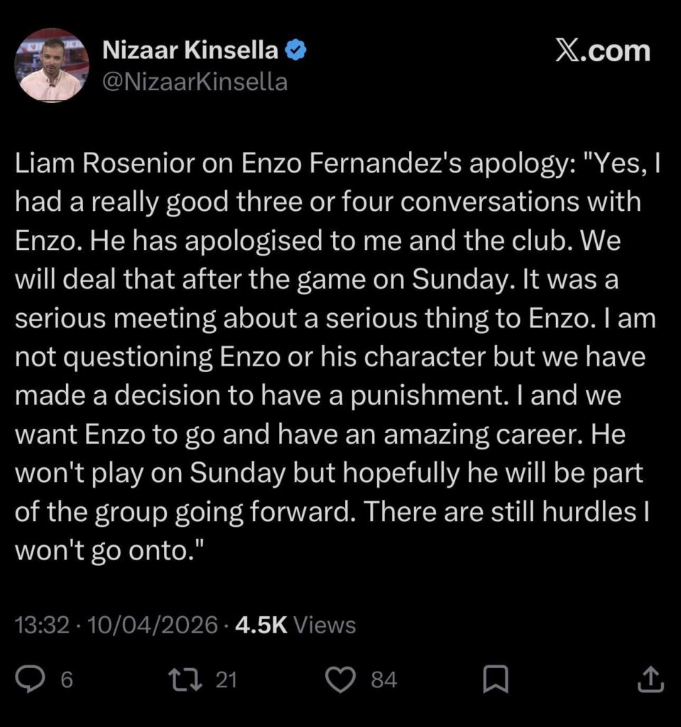 [Nizaar Kinsella] Liam Rosenior on Enzo Fernandez's apology: "Yes, I had a really good three or four conversations with Enzo. He has apologised to me and the club.…He won't play on Sunday but hopefully he will be part of the group going forward. There are still hurdles I won't go onto."
