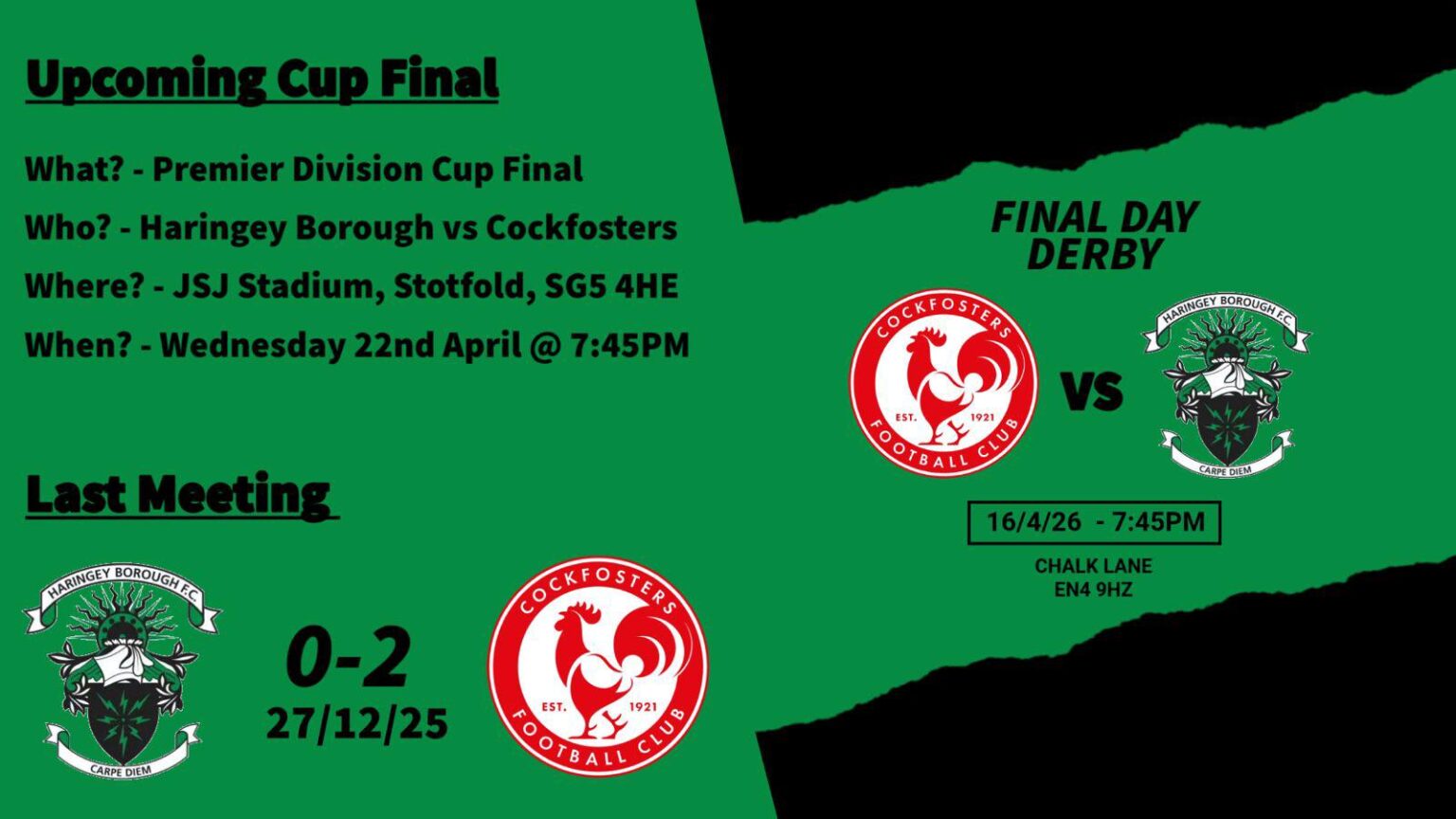 N17/Non League Neighbours Haringey Borough can win the League in a North London Derby tomorrow