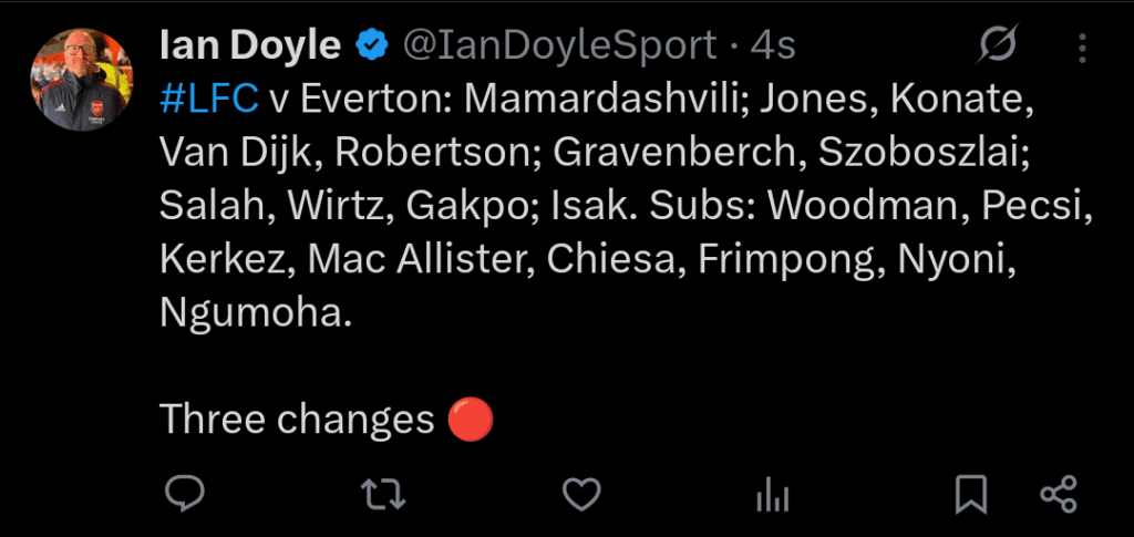 Starting lineup today against Everton - Mamardashvili; Jones, Konate, Van Dijk, Robertson; Gravenberch, Szoboszlai; Salah, Wirtz, Gakpo; Isak.