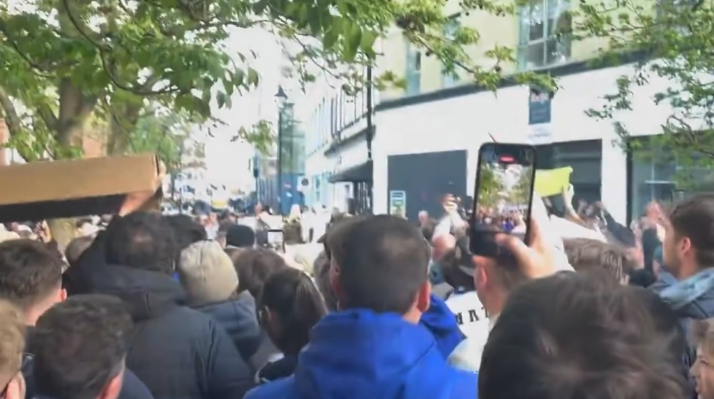 Footage of BlueCo Out protest from members of Strasbourg Ultras and Chelsea fans