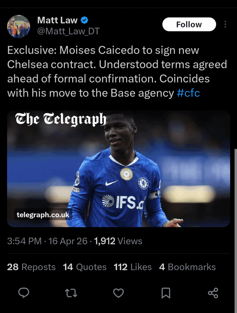 Matt Law: Exclusive: Moises Caicedo to sign new Chelsea contract. Understood terms agreed ahead of formal confirmation. Coincides with his move to the Base agency