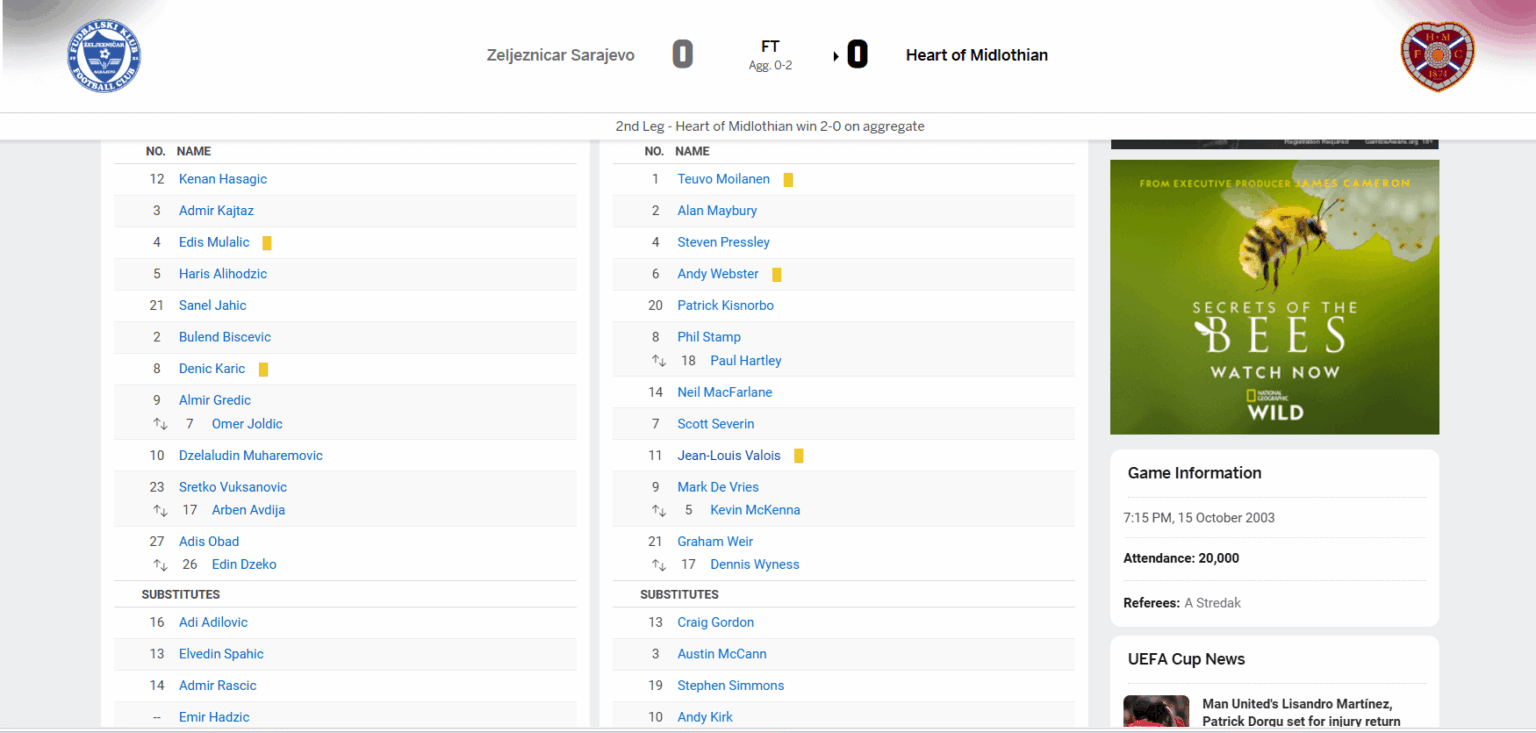 23 years ago, Hearts played Zeljeznicar Sarajevo in the UEFA Cup. 20 year old Craig Gordon and 17 year old Edin Dzeko were both on the bench, with Dzeko coming on as a second half sub