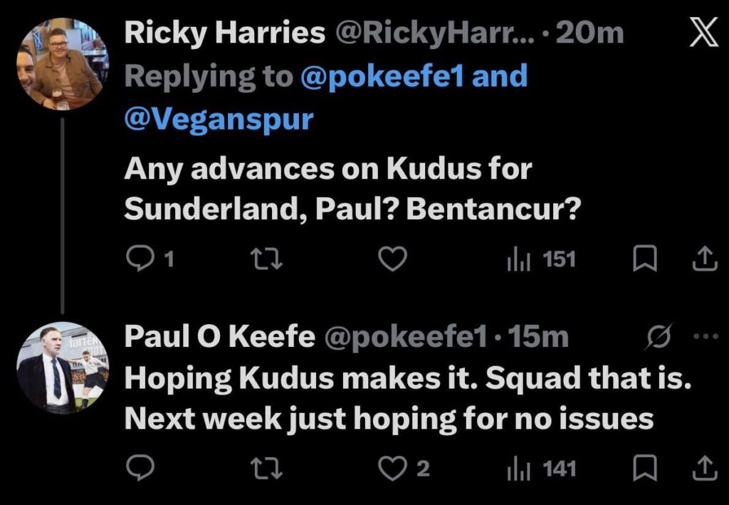 Paul Okeefe on Kudus availability for Sunderland- Hopeful Kudus makes match day squad.