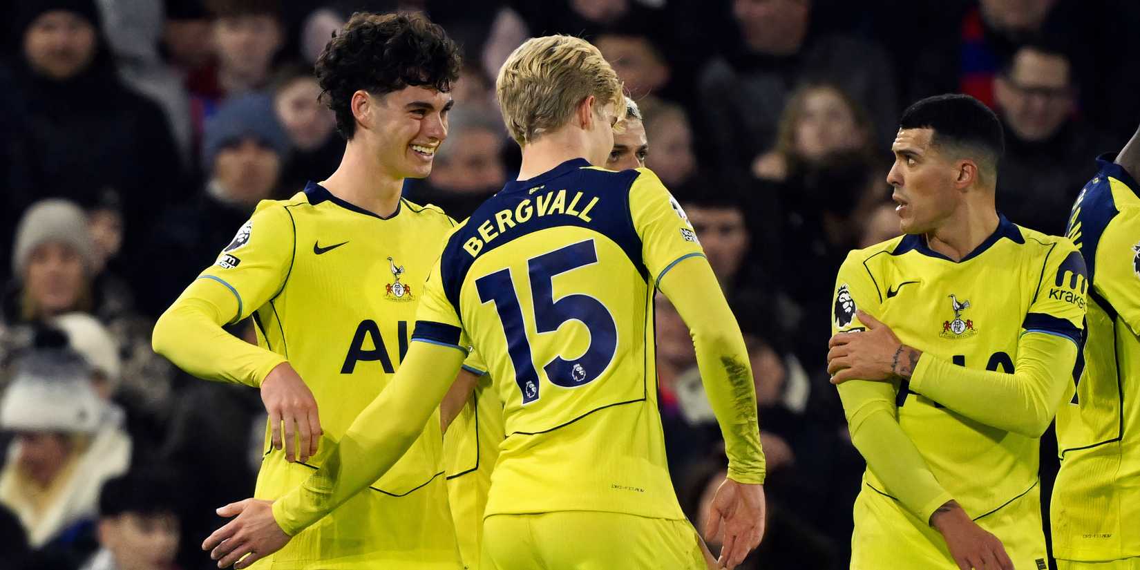Archie Gray celebrating after scoring for Tottenham Hotspur against Crystal Palace in the Premier League