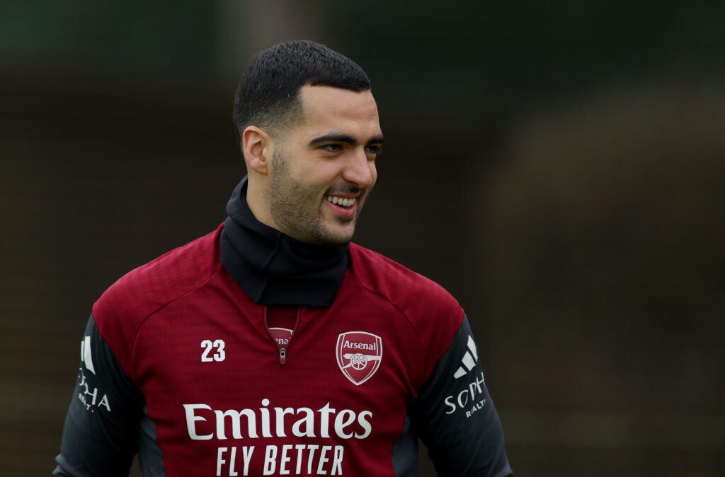 LONDON COLNEY, ENGLAND - JANUARY 19: Mikel Merino of Arsenal reacts during an Arsenal Training Session at Sobha Realty Training Centre on January 19, 2026 in London Colney, England. (Photo by Jasper Wax/Getty Images)