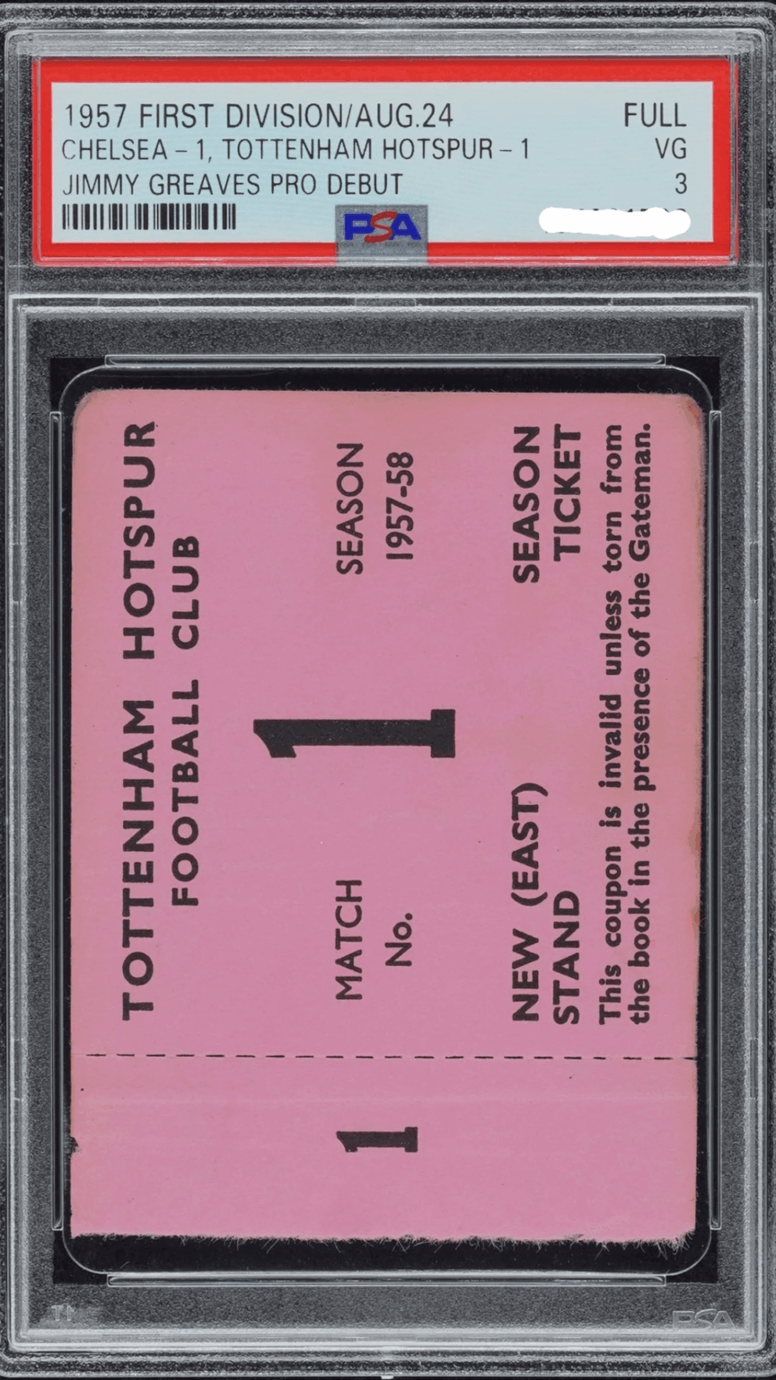 Ticket stub to the August 24th 1957 Tottenham v. Chelsea match where the age 17 Jimmy Greaves made his professional football debut.