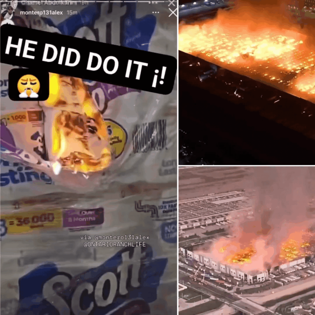 Disgruntled employee starts massive fire at a 1.2 million square foot toilet paper warehouse in Ontario, California. - Bro used a Bayern lighter (@20 sec mark)