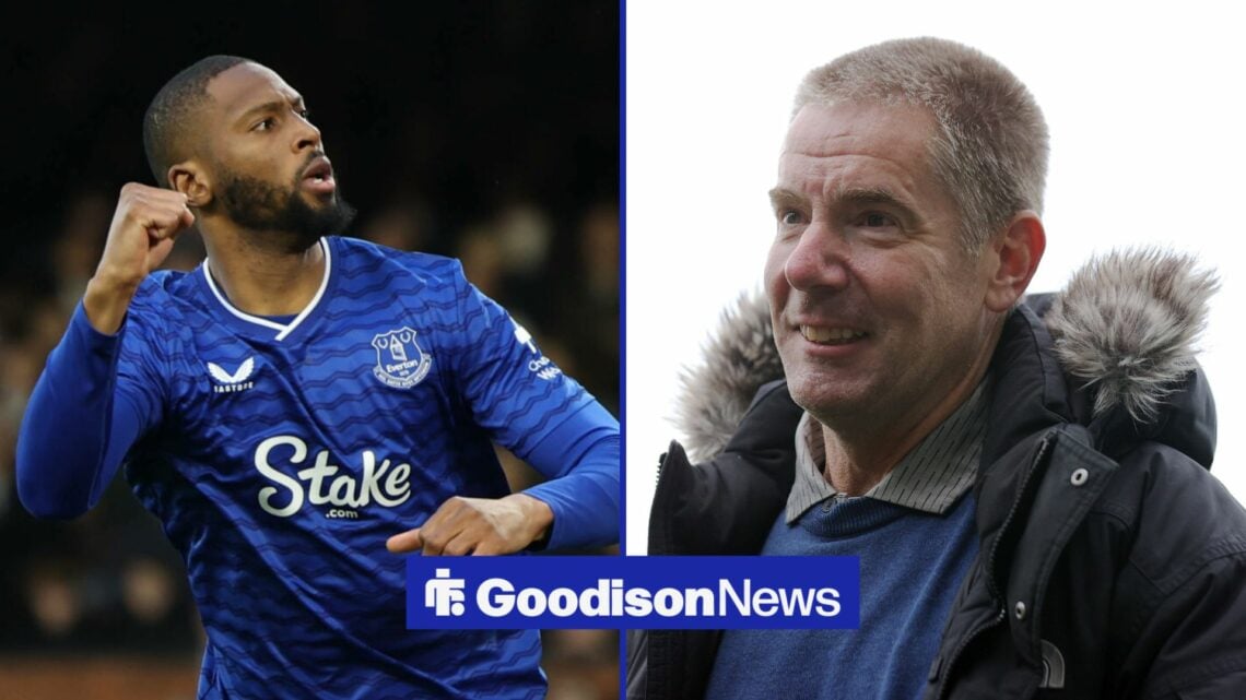 Beto celebrates scoring for Everton, with Matthew Benham alongside him in a split image