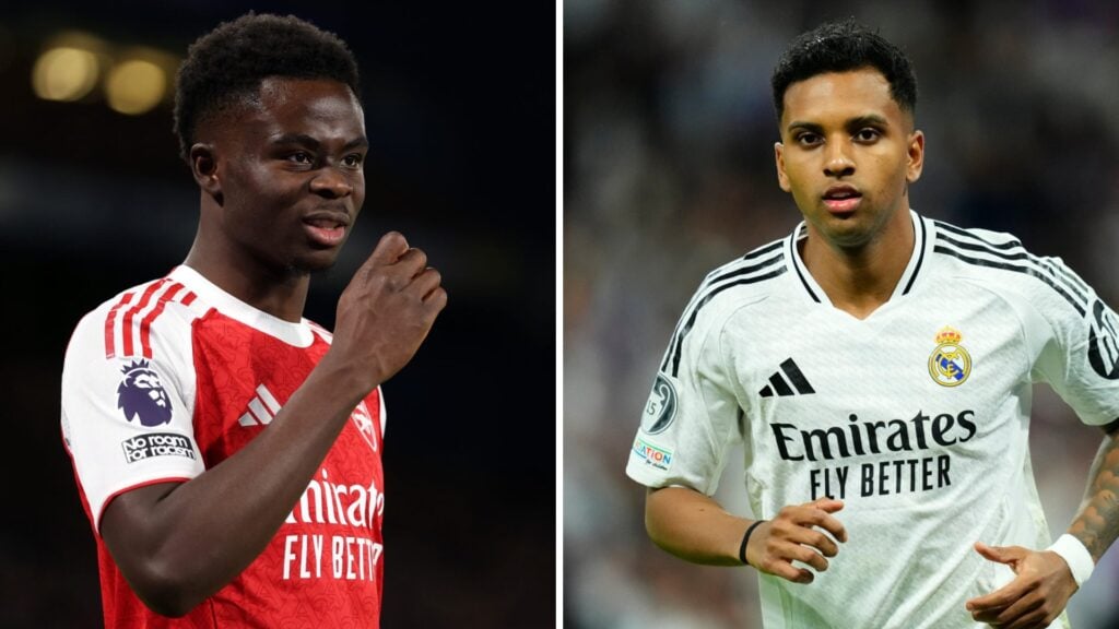 Split image of (L) Bukayo Saka looking on during an Arsenal game and (R) Rodrygo in action for Real Madrid