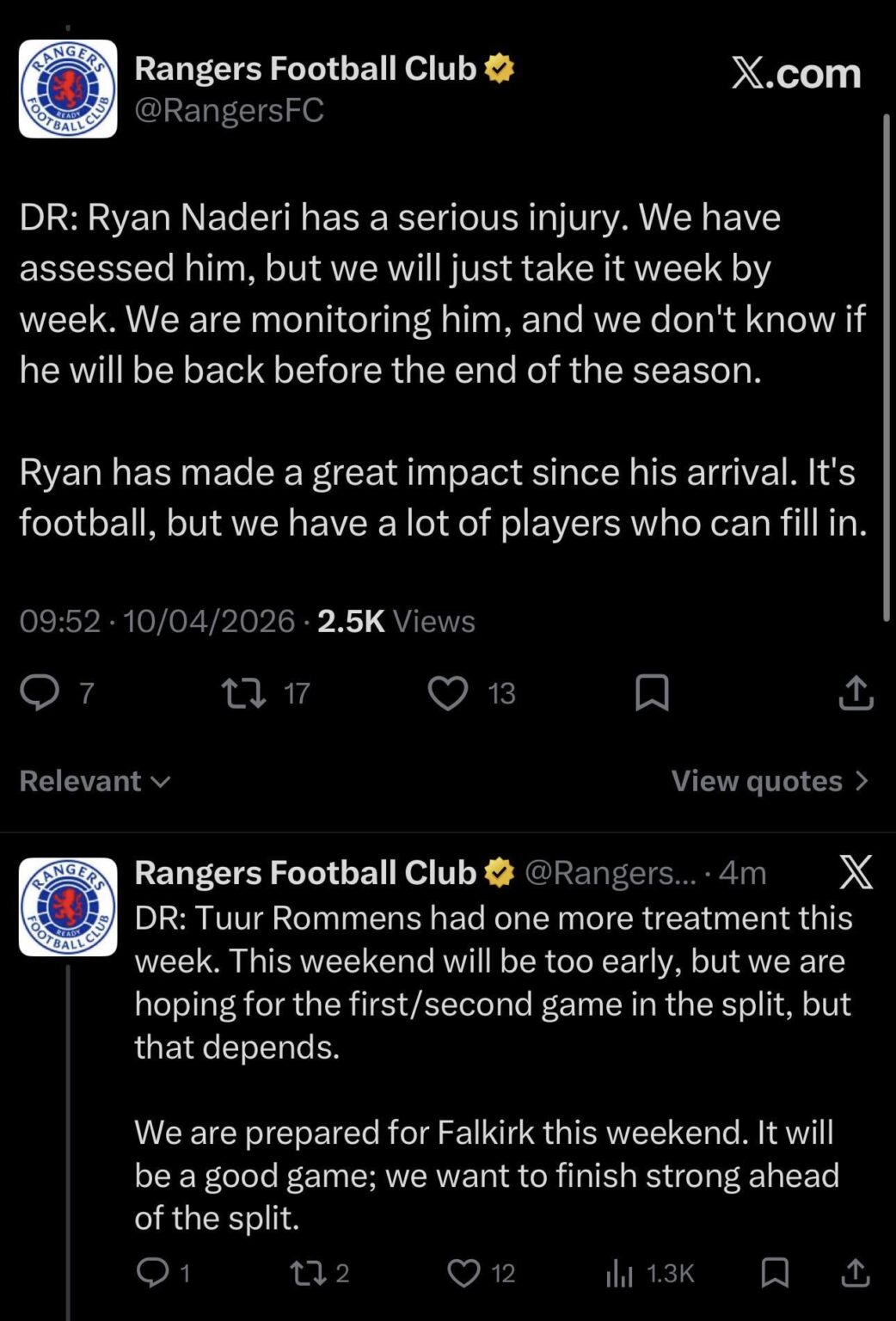 Naderi has a serious injury, Rommens back 1st or 2nd game of the split