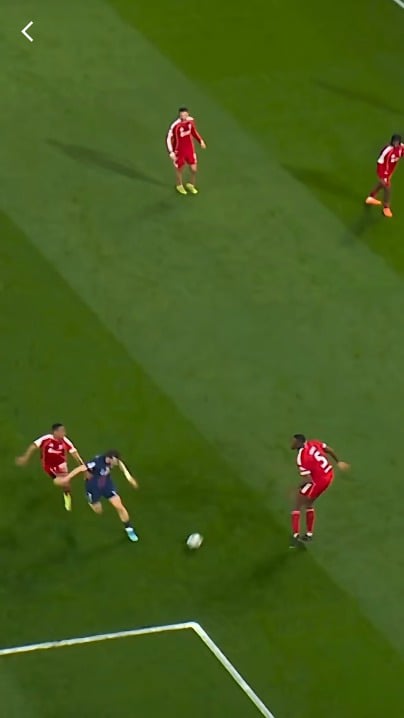 Alternate angle of João Neves assist(nutmeg pass)and Kvaratskhelia control and finish for PSG second goal against Liverpool in QF 1st leg.