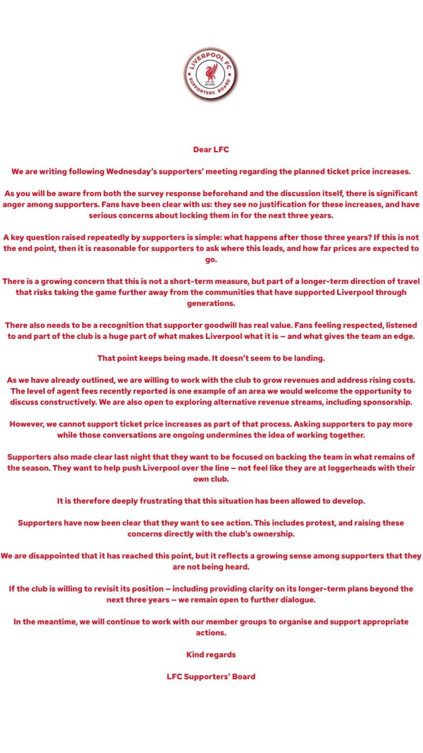 Liverpool Supporters Board response to club and fan consultation annoucement
