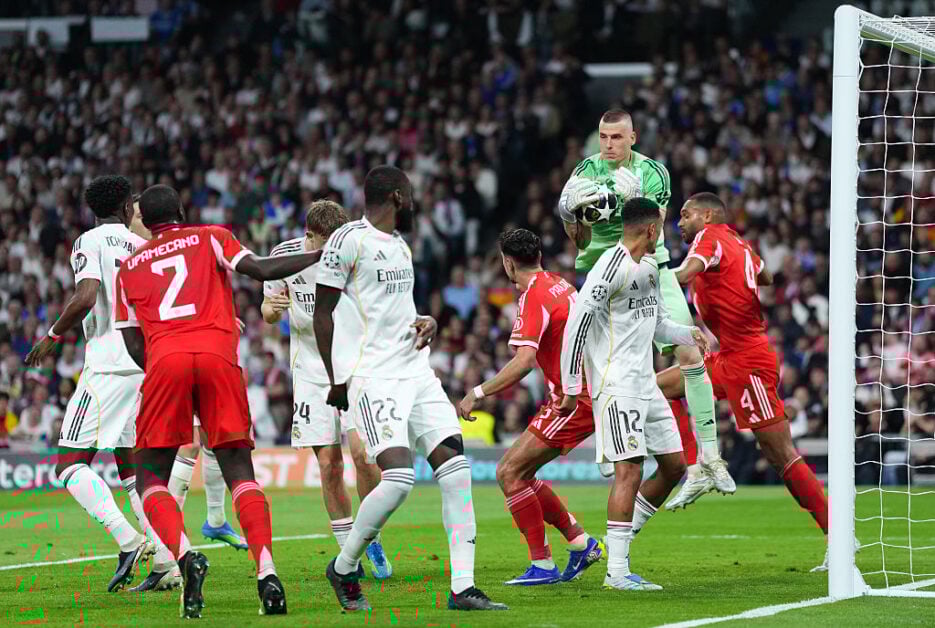 Real Madrid defending against Bayern Munich