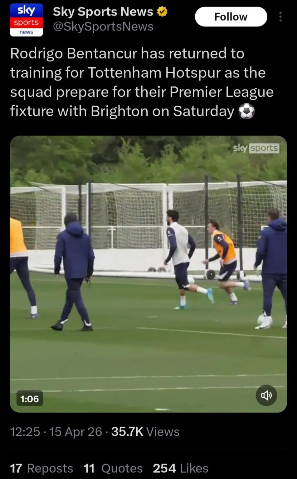 Bentancur back in training for spurs